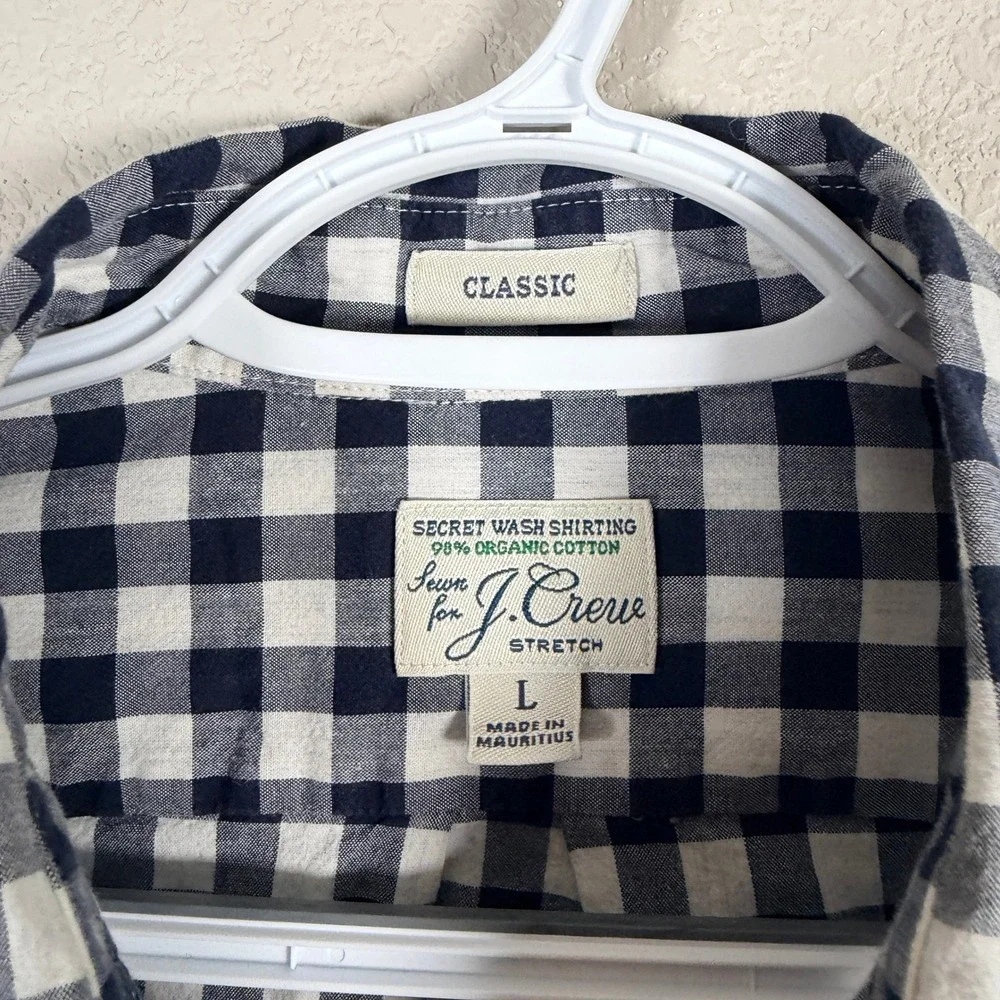 J. Crew Secret Wash Stretch Shirt Button Down Mens L Navy Gingham Organic Cotton